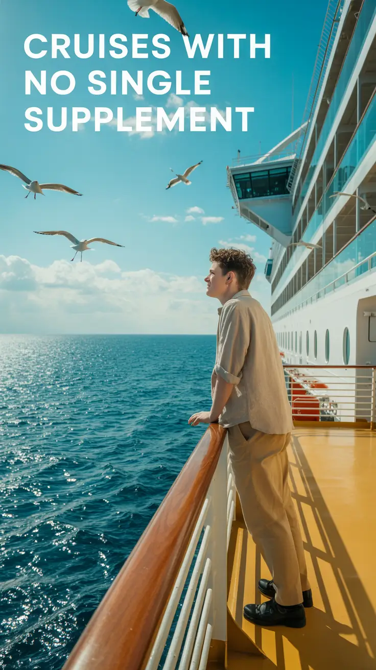 A photograph depicting a lone traveler standing on the deck of a cruise ship under a bright, sunny sky. The person, dressed in a linen shirt and khaki pants, gazes out at the vast, sparkling turquoise ocean with a hopeful expression. The cruise ship's white hull and numerous decks rise dramatically behind them, while seagulls circle overhead. The vivid sunlight casts sharp shadows and highlights the vibrant blue seascape and sky, subtly featuring the phrase "Cruises With No Single Supplement" in a corner.