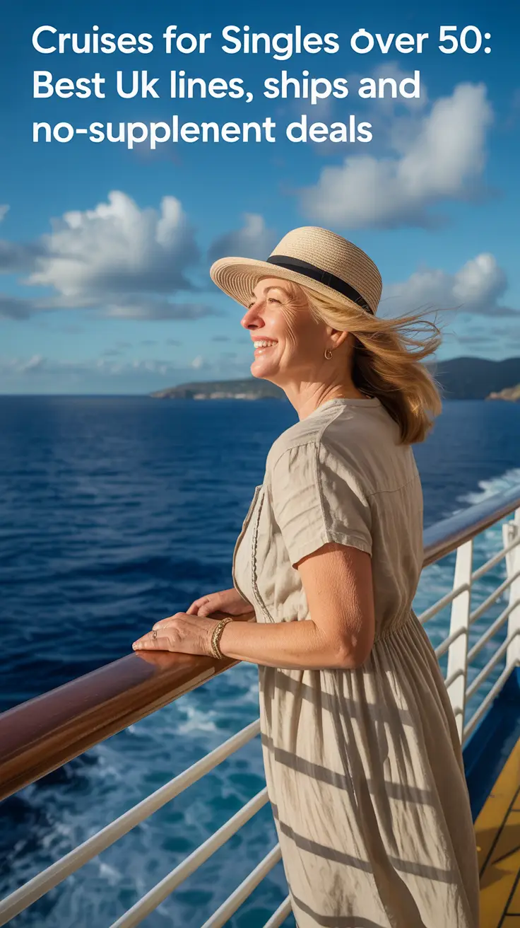 A photograph captures a joyful woman in her late fifties standing on the deck of a cruise ship, gazing out at the shimmering turquoise ocean. She's dressed in a linen sundress and a wide-brimmed hat, her face radiating contentment and a hint of excitement as a gentle sea breeze tousles her hair. The expansive blue sky is dotted with fluffy white clouds, and the distant coastline is visible on the horizon.