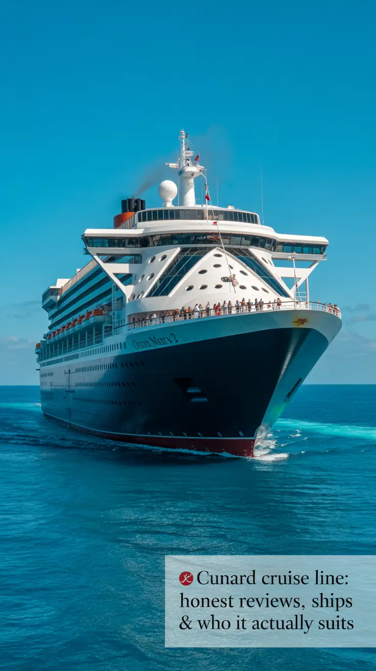 A photograph of a luxurious Cunard cruise ship, the Queen Mary 2, sailing across a vibrant turquoise ocean under a clear blue sky. The ship's gleaming white hull contrasts sharply with the deep blue of the water, and its red funnels are prominently displayed. A small group of passengers are visible on the upper decks, enjoying the sunshine. The bright sunlight illuminates the scene, highlighting the ship's grandeur and the vastness of the open sea.