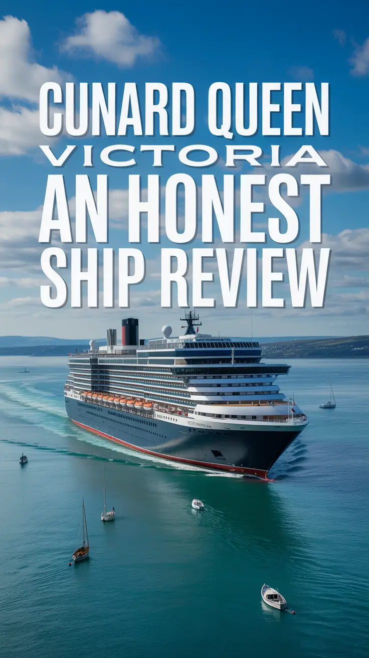 A photograph of the Cunard Queen Victoria cruise ship sailing on a clear, sunny day. The majestic ship cuts through the turquoise water, its white hull gleaming under the bright sunlight. Several small boats are dotted around the ship. The expansive blue sky contains fluffy white clouds, and the coastline appears softly blurred in the background.
