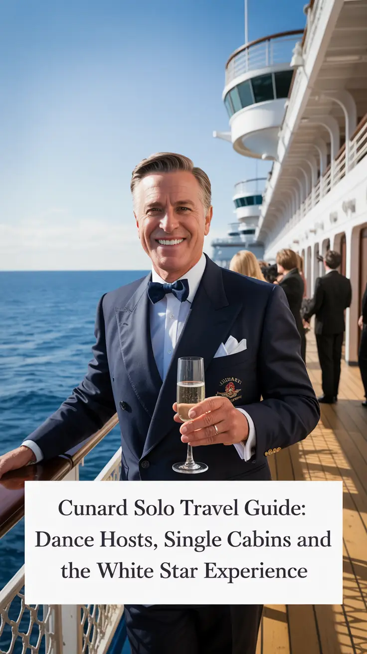 A distinguished gentleman in a classic navy suit and bow tie stands on the deck of a grand ocean liner, holding a glass of champagne and smiling warmly. He is welcoming a solo female traveler to a Cunard Solo Travel Guide featuring dance hosts, single cabins, and the White Star Experience. The backdrop features an expansive blue ocean under a clear sunny sky, with a crisp white railing and elegantly dressed passengers visible in the distance. Bright sunlight highlights the grandeur of the ship and the promise of a memorable voyage.