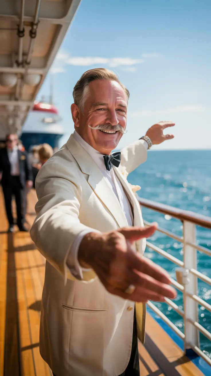 A distinguished older gentleman with a neatly trimmed mustache, smiling warmly as he leads a dance on the polished deck of a classic ocean liner under a clear blue sky, dressed in a crisp white suit and bow tie, extending a hand to an unseen dance partner, evoking the spirit of solo travel, dance hosts, and the refined White Star Experience; sunlight highlights the ship's elegant architecture and the sparkling turquoise ocean in the background.
