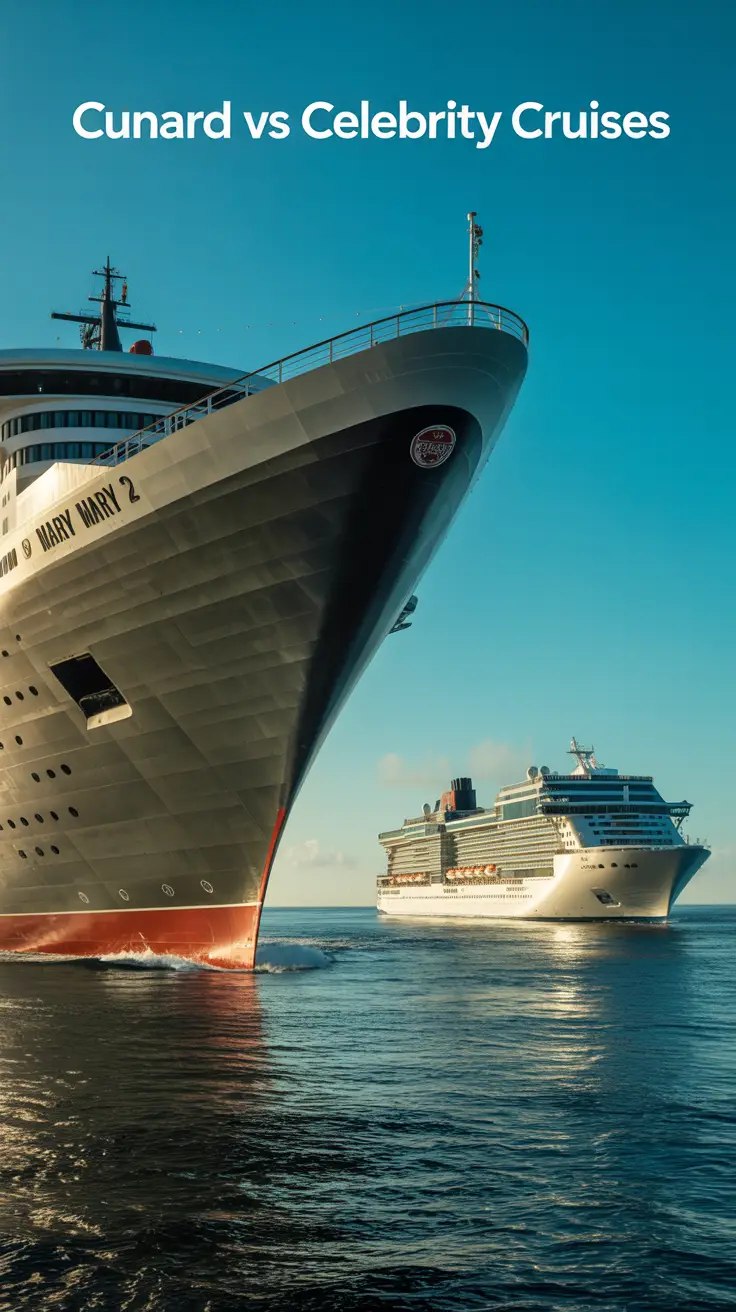 A photograph depicting a stately Queen Mary 2 cruise ship sailing under a bright, cloudless sky, with its red hull contrasting against the turquoise water. The ship's classic lines and intricate detailing are showcased as it cuts through the waves. In the background, a sleek, modern Celebrity Cruises ship glides alongside, its silver exterior reflecting the sunlight. The scene captures a moment of contrast: "Cunard vs Celebrity Cruises."