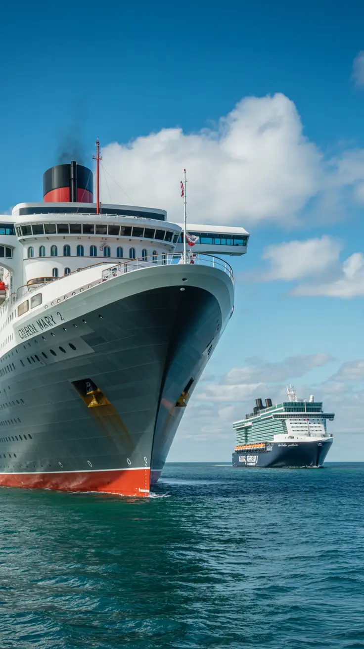 A photograph depicting the exterior of a classic ocean liner, the RMS Queen Mary 2, sailing gracefully on a clear, sunny day. The ship’s iconic red hull and black smokestacks are sharply contrasted against the turquoise waters of the Atlantic, while a modern Celebrity Cruises ship, the Celebrity Apex, is seen further in the background, showcasing its sleek, contemporary design. Both ships are positioned to highlight their contrasting styles—heritage and tradition versus modern premium—underneath a vast blue sky with fluffy white clouds. The scene captures the essence of the competition between Cunard and Celebrity Cruises in a visually compelling manner, with a subtle overlay of "Cunard vs Celebrity Cruises".