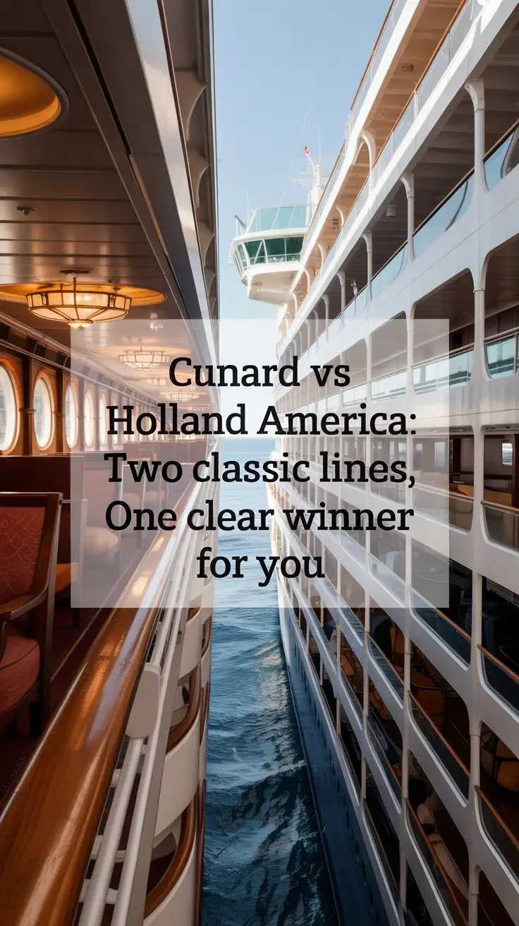 A photograph depicting the elegant interiors of two cruise ships side-by-side, subtly highlighting their distinct styles. On the left, a Cunard ship showcases classic mahogany paneling and ornate chandeliers, while the right displays the more contemporary, nautical aesthetic of a Holland America vessel with softer lighting and modern furnishings. A translucent overlay reads "Cunard vs Holland America: Two Classic Lines, One Clear Winner for You" positioned unobtrusively across the center of the image. Sunlight streams through expansive windows, illuminating the rich textures and creating a sense of spaciousness and luxury within each ship.