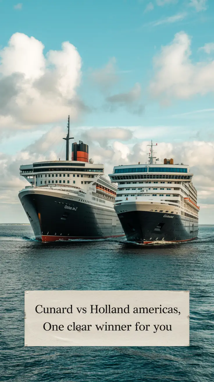 A photograph depicting two vintage cruise ships, Cunard's Queen Mary 2 and Holland America's Rotterdam, sailing side-by-side on a calm, azure ocean. The Queen Mary 2 is a stately black ship with red accents, while the Rotterdam showcases a classic white hull with blue and orange detailing, both vessels cutting through the water with graceful precision. The bright, sunny sky is filled with fluffy white clouds, and the overall composition highlights the subtle differences in their design and heritage. An overlay reads "Cunard vs Holland America: Two Classic Lines, One Clear Winner for You" in a simple, elegant font.