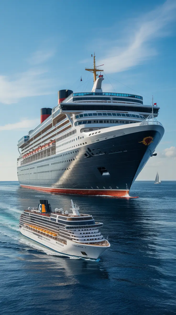 A photograph of a grand, classic cruise ship representing Cunard sailing serenely under a bright, sunny sky. The ship features stately ocean liner design with gleaming white decks, tall smokestacks, and red accents, embodying Old World elegance. In the foreground, a smaller, modern cruise ship representing Oceania showcases its distinctive culinary-focused design and sleek lines, creating a visual contrast. The calm, blue ocean reflects the clear sky, with a few distant sailboats adding depth to the composition.