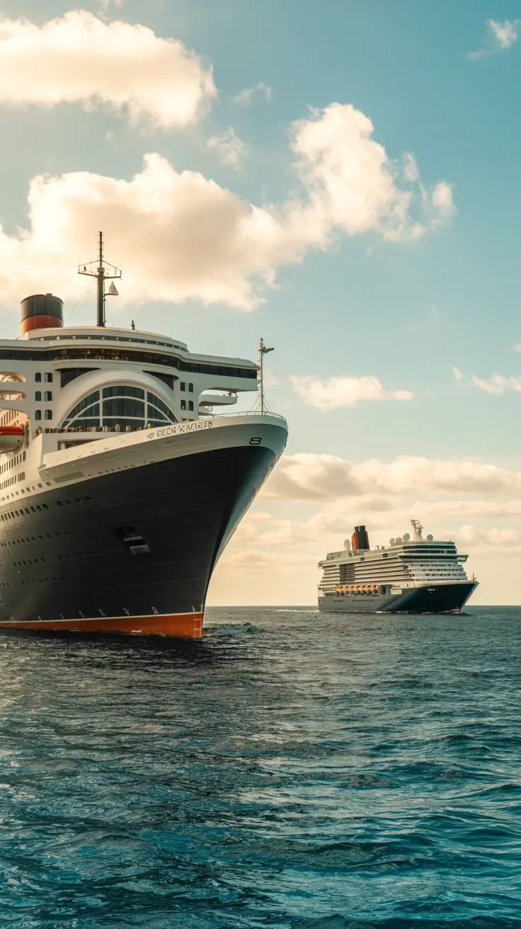 A photograph depicting a luxurious ocean liner, the Queen Mary 2, sailing under a bright, sunny sky with its classic, Art Deco design and crisp white hull. In the distance, a smaller, modern cruise ship from Oceania Cruises showcases a sleek, boutique design, capturing the essence of "Cunard vs Oceania Cruises: Old World Grandeur vs Culinary Boutique" against the turquoise water and bright light.