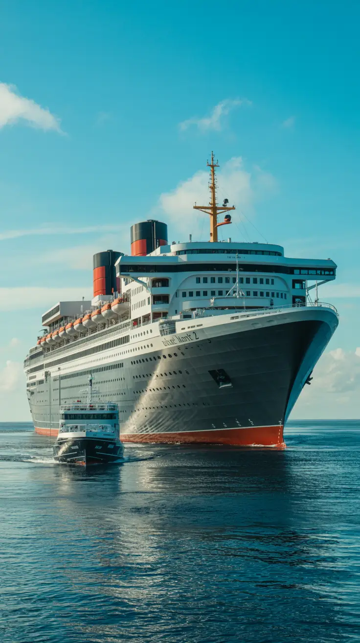 A photograph of the iconic RMS Queen Mary 2 sailing through calm, azure waters under a bright, sunny sky. The ship's red hull and white superstructure contrast with the blue backdrop, with black funnels prominently displayed. A smaller, modern cruise ship is in the foreground, highlighting the contrast with Cunard's classic design. The scene is bathed in warm sunlight, emphasizing the Queen Mary 2's timeless elegance.