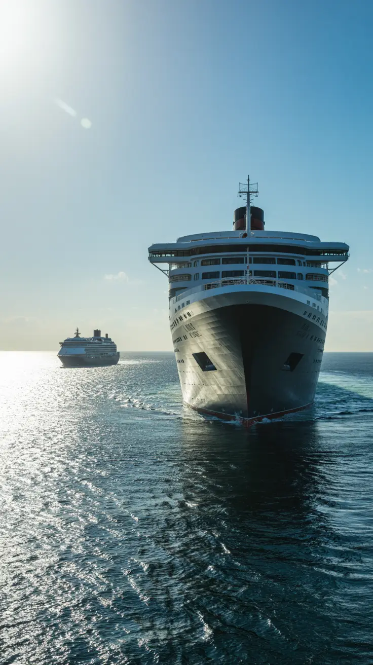 A photograph of the RMS Queen Mary 2 sailing gracefully across the Atlantic Ocean, highlighting its elegant silhouette and gleaming white hull against the deep blue waters and clear sky. A smaller, modern cruise ship appears in the distance, illustrating a contrast between the classic style of Cunard and contemporary cruise lines. Sunlight reflects off the water, adding a sparkling effect and emphasizing the Queen Mary 2's timeless grandeur.