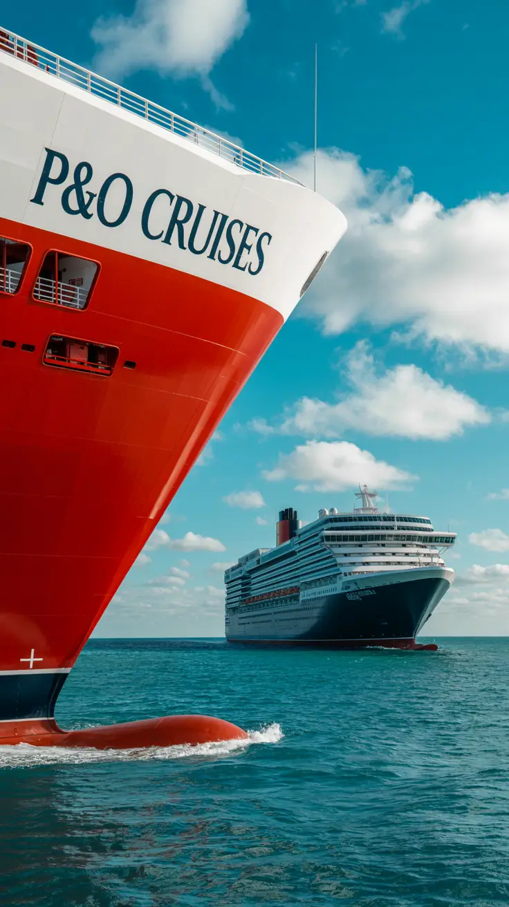A photograph depicting the rivalry between Cunard and P&O Cruises, showcasing a red and white P&O Cruises ship navigating through a vibrant turquoise sea with "P&O Cruises" boldly displayed on its hull. In the background, a Cunard ocean liner with a black hull and red accents follows, symbolizing elegant competition. The scene is set on a sunny day with a clear blue sky and fluffy white clouds, highlighting the dynamic movement and vivid colors of the ships.