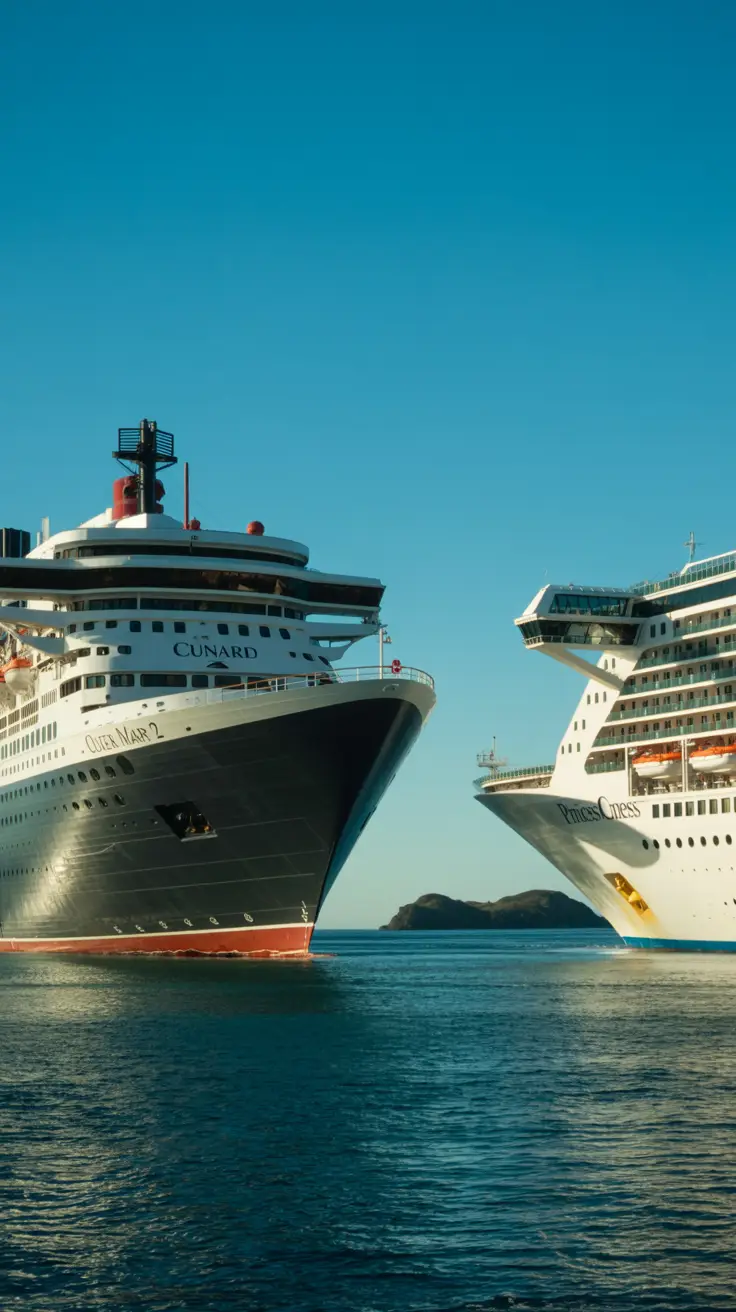 A photograph depicting two cruise ships, one Cunard and one Princess, sailing side-by-side in a calm, turquoise ocean. The Cunard ship, "Queen Mary 2," is a stately, black-hulled vessel with red accents, prominently displaying "Cunard" on its white hull, while the Princess ship is a gleaming white vessel labeled "Princess Cruises." The sun shines brightly on both ships, creating a sharp contrast between the two, and a clear blue sky stretches above them without any clouds. Distant islands are visible on the horizon, providing a sense of vastness and adventure.