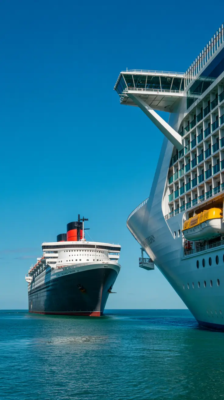 A photograph contrasting a classic ocean liner, the "Cunard Queen Mary 2," with a modern Royal Caribbean mega-ship against a vibrant blue sky. The ocean liner is shown with its iconic red hull and stately silhouette, while the larger cruise ship appears as a complex structure with multiple decks and balconies. Both vessels are sailing on calm, turquoise waters under bright sunlight, emphasizing the architectural differences and symbolizing the tradition versus the modern approach to ocean travel.