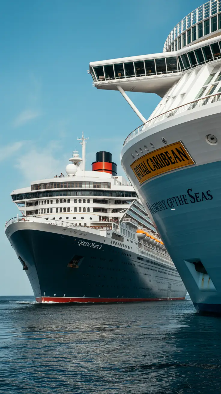 A photograph capturing the contrasting grandeur of ocean liner tradition versus modern mega-ship design, showcasing the majestic Cunard ocean liner "Queen Mary 2" sailing gracefully alongside the massive Royal Caribbean cruise ship "Harmony of the Seas" on a calm blue ocean. The older ship features classic white hull lines, intricate details, and a stately silhouette, while the newer ship has a colorful exterior, expansive decks, and a towering presence. The sunny day casts sharp shadows and highlights, emphasizing the distinct architectural styles of each vessel.