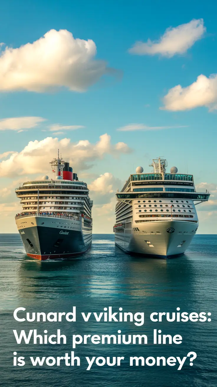 A photograph depicting two cruise ships, one from Cunard and the other from Viking, sailing side by side on a calm, turquoise sea under a vibrant blue sky with fluffy white clouds. The Cunard ship features classic ocean liner design with a red and black hull and multiple decks filled with passengers, while the Viking ship boasts a sleek, modern look with a predominantly white exterior and spacious outdoor viewing areas. The scene is captured on a bright, sunny day, showcasing the elegance and grandeur of both luxury cruise lines.