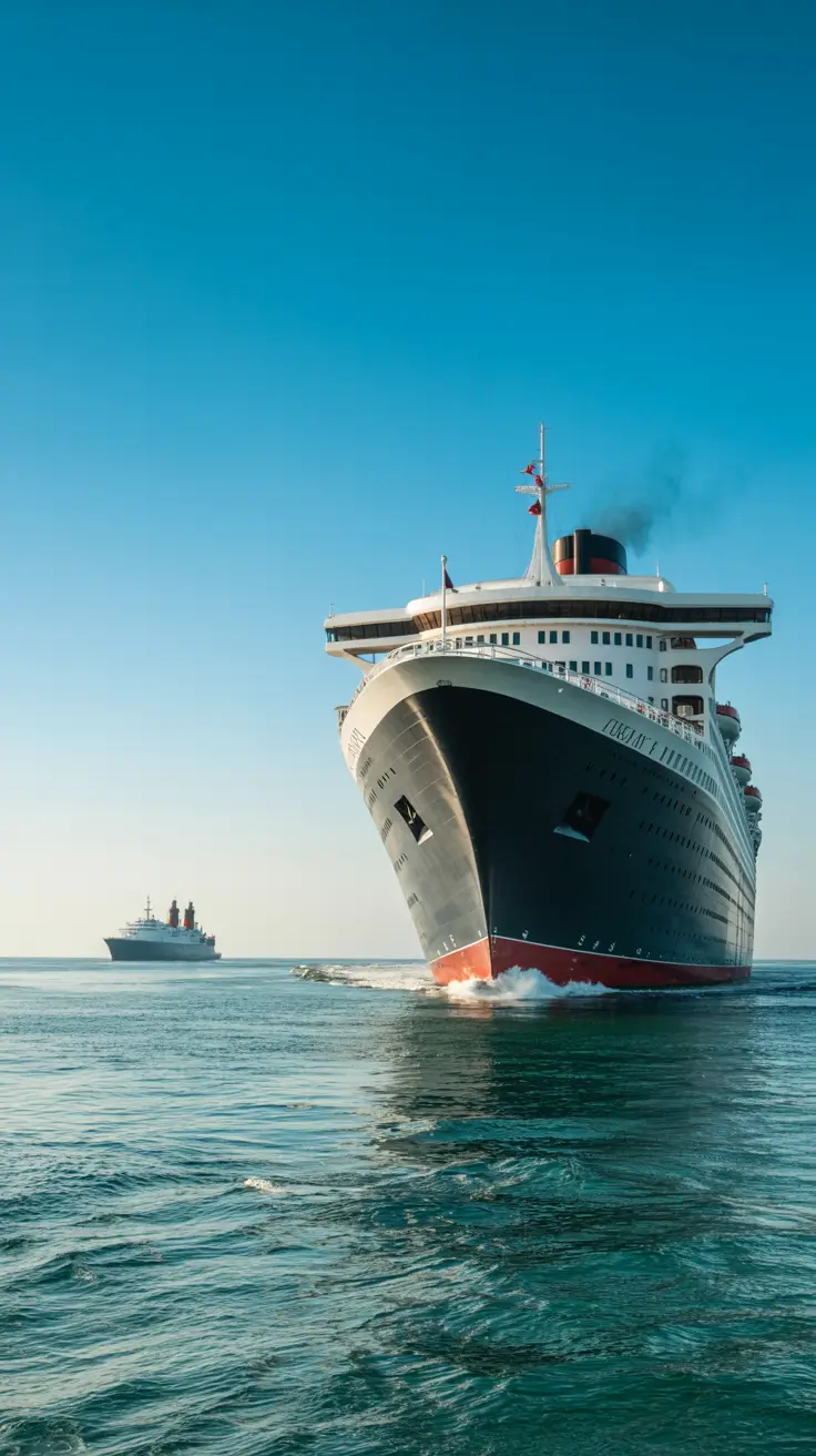 A luxurious ocean liner, the Queen Mary 2, sails through calm turquoise waters under a bright, cloudless sky. The red hull and white superstructure gleam in the sunlight, showcasing its classic Art Deco design as it cuts through the waves. In the distance, a sleek Viking ocean vessel is visible, subtly contrasting with the Queen Mary 2's grandeur. The scene evokes a sense of adventure and maritime elegance, with crisp, sunny lighting highlighting the beauty of both vessels.