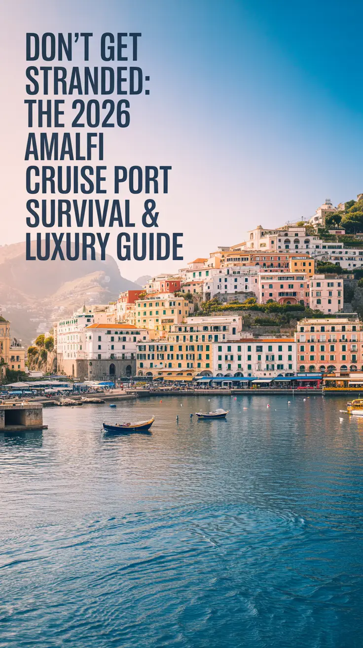 A stunning, sun-drenched photograph of a vibrant, picturesque Amalfi Coast harbor town, focusing on the charming architecture and azure waters. The colorful buildings cascade down the hillside toward the tranquil harbor, where small boats gently bob on the water, all bathed in warm, golden sunlight that evokes a relaxed and inviting atmosphere.