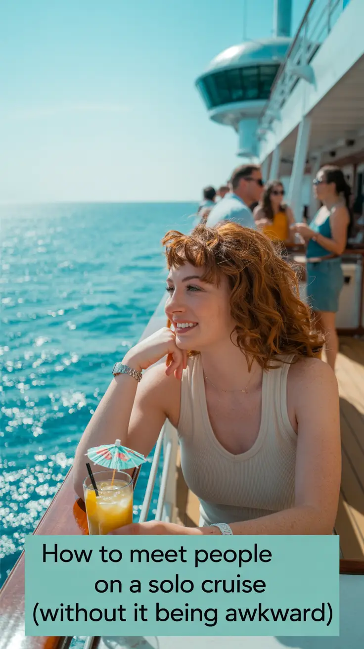 A smiling woman in her late twenties with sun-kissed skin and curly auburn hair sits alone at a table on the deck of a cruise ship, gazing thoughtfully at the vast turquoise ocean while holding a tropical drink with a paper umbrella, set against a backdrop of mingling passengers in bright natural sunlight.