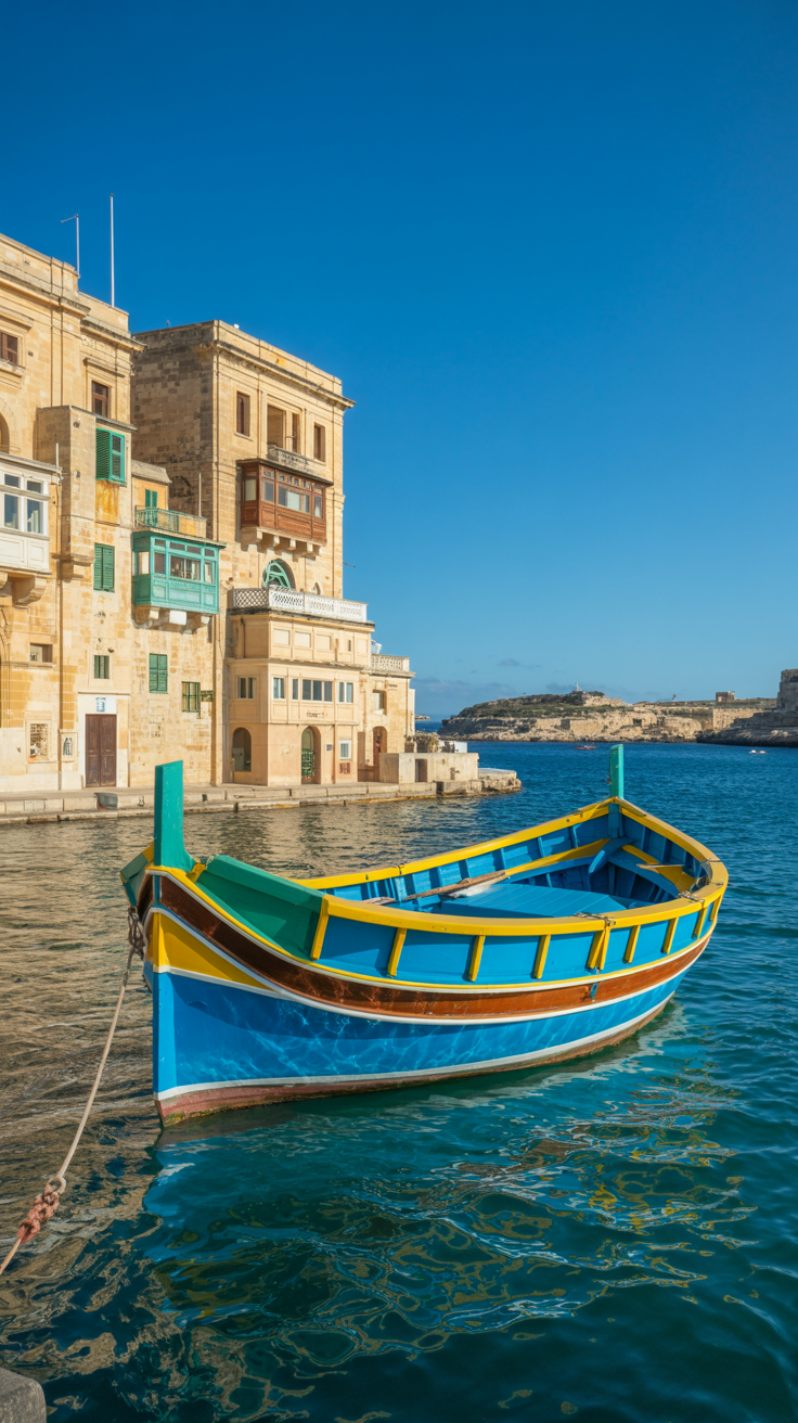 A picturesque harbor scene in Valletta, Malta, featuring a traditional Maltese fishing boat in vibrant blue and yellow hues, bobbing on clear turquoise waters. In the background, honey-colored stone buildings with intricate balconies rise against a clear blue sky, with rocky islands in the distance completing the Mediterranean coastal view.