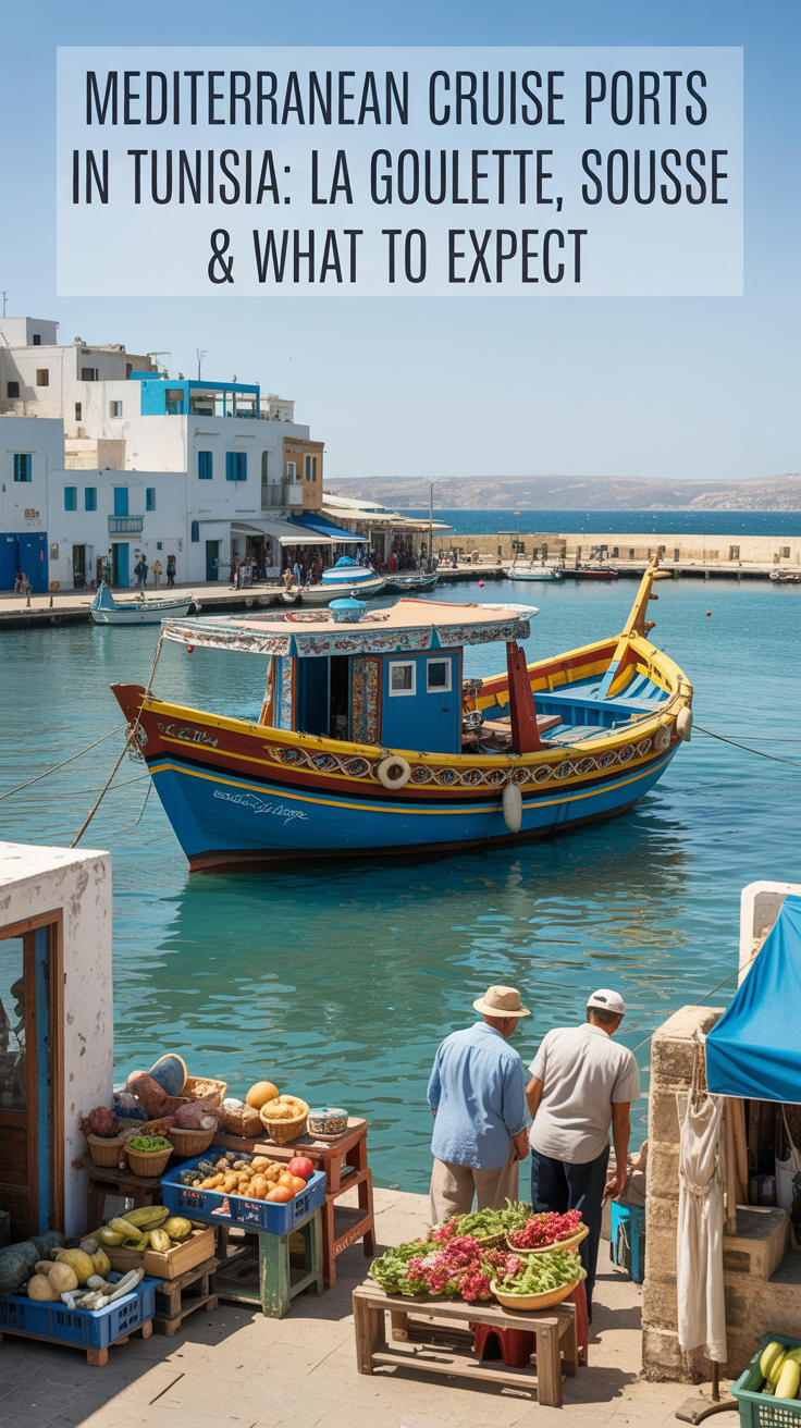 A photograph capturing the vibrant atmosphere of La Goulette, Tunisia, showcases a bustling harbor scene with a brightly colored traditional Tunisian fishing boat adorned with intricate patterns. The boat gently bobs in the turquoise water, set against a backdrop of sun-drenched whitewashed buildings. In the foreground, local vendors sell fresh produce and handicrafts, while the coastline stretches out under a clear, sunny sky, conveying the essence of a Mediterranean cruise port.