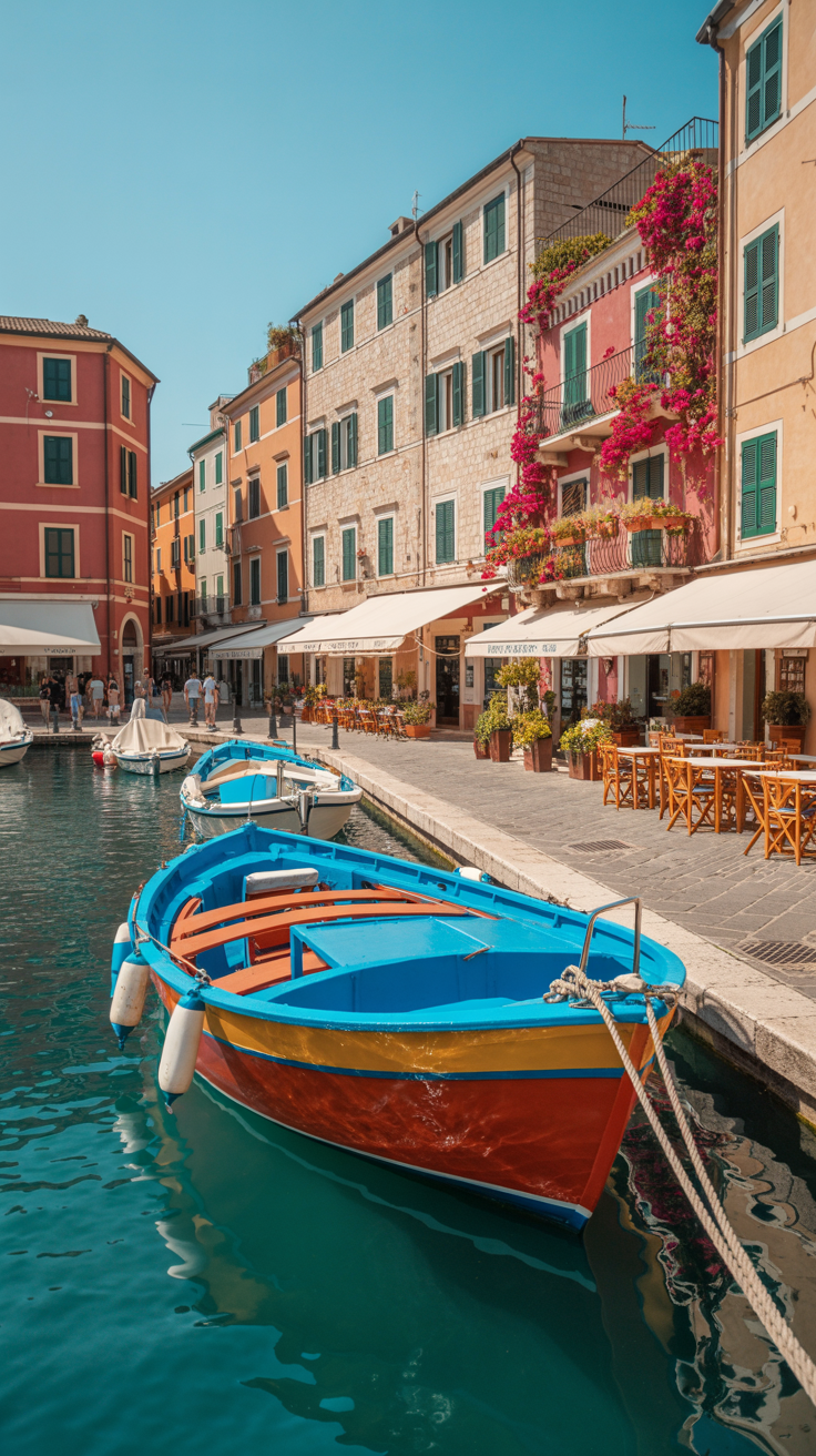 A picturesque harbor scene in a vibrant Mediterranean cruise port along Italy's Adriatic Coast features a colorful fishing boat with a bright red hull and white accents resting gently in the turquoise water. It is surrounded by charming stone buildings with terracotta roofs. Cobblestone walkways wind along the waterfront, lined with bustling cafes and cascading flowering bougainvillea from balconies. The scene is bathed in warm, direct sunlight, creating vivid colors and long shadows.