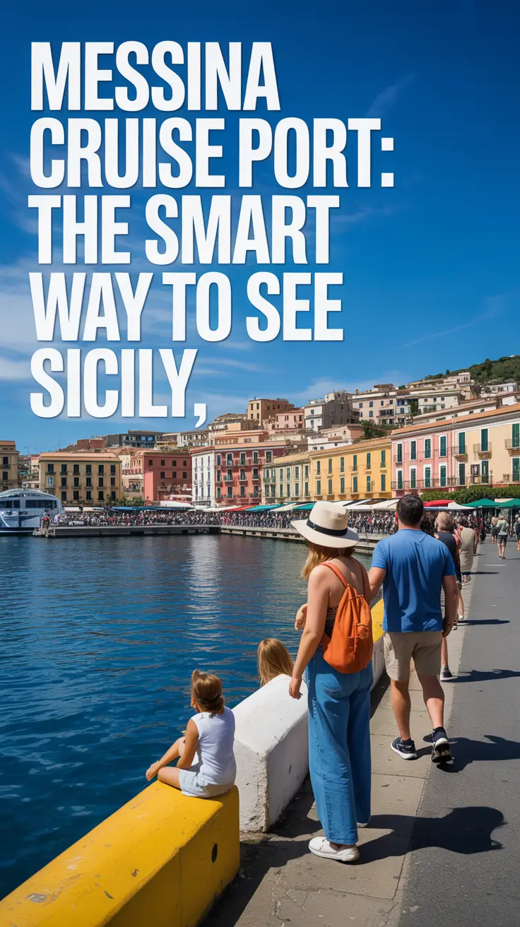 A vibrant lifestyle advertisement showcasing the picturesque Messina Cruise Port in Sicily, emphasizing its role as a gateway to exploring the region. The scene captures a bustling harbor with colorful hillside buildings under bright sunlight, with locals enjoying the waterfront. A bold, left-aligned text overlay reads, "Messina Cruise Port: The Smart Way to See Sicily," conveying discovery and Mediterranean charm through a wide-angle, realistic composition designed to inspire travel and exploration.