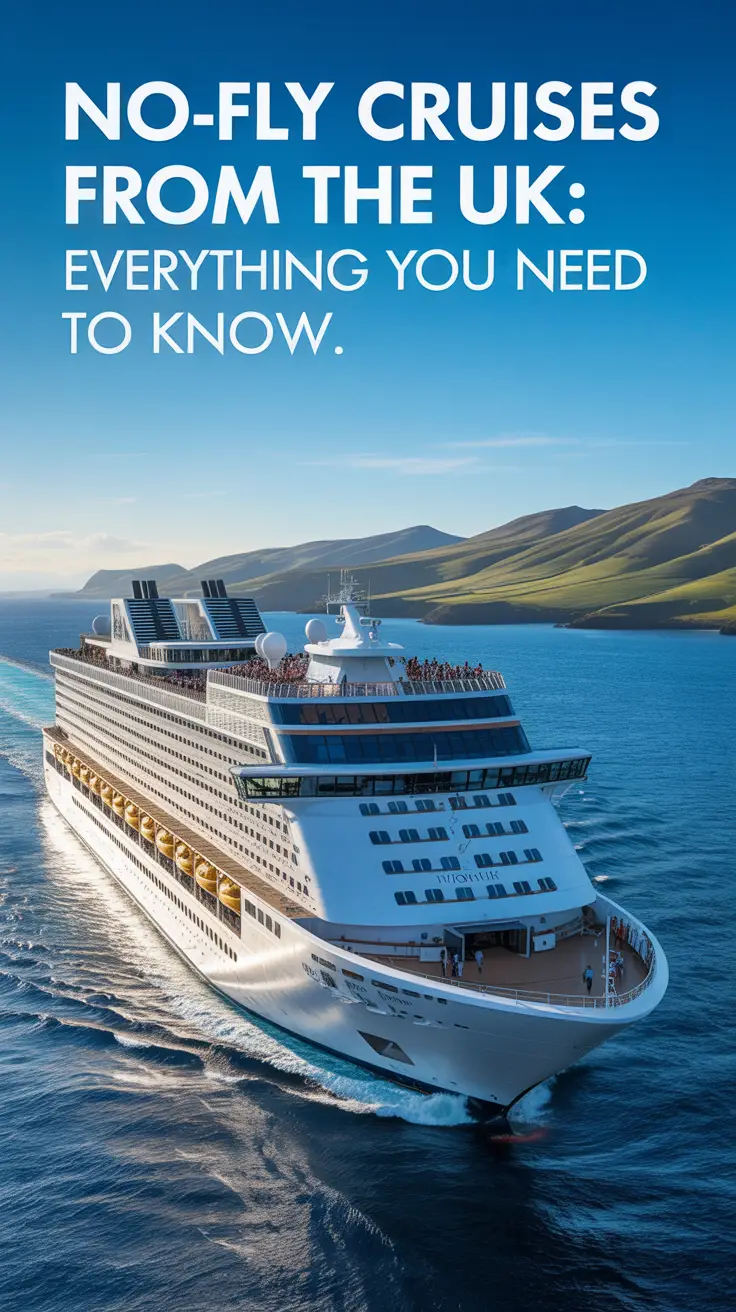 A photograph of a sleek, modern cruise ship sailing under a bright blue sky, representing "No-Fly Cruises From the UK: Everything You Need to Know." The ship's white hull shines in the sunlight, contrasting with the deep blue ocean. The decks are populated with tiny, relaxed figures enjoying the scenery. Distant rolling green hills create a picturesque backdrop, while natural sunlight enhances the sense of freedom and adventure.