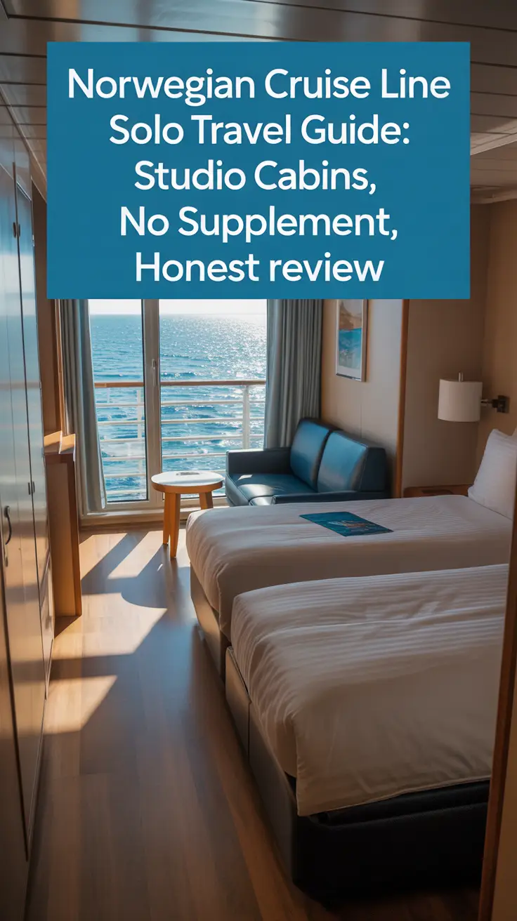 A photograph of a comfortable studio cabin aboard a Norwegian Cruise Line ship, showcasing its efficient and modern design. The cabin features a cozy queen-sized bed with crisp white linens, a small seating area with a porthole window revealing a sparkling blue ocean view, and a sleek bathroom with stylish fixtures. Natural sunlight streams through the porthole, illuminating the cabin’s clean lines and reflecting off the polished wood floors, while the overlaid text reads "Norwegian Cruise Line Solo Travel Guide: Studio Cabins, No Supplement, Honest Review." The overall scene conveys a sense of peaceful solitude and the promise of an unforgettable solo voyage.