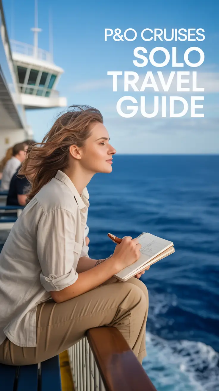 A photograph of a young woman with windswept hair gazing out at the ocean from the deck of a P&O Cruises ship. She's wearing comfortable travel clothes—khaki pants and a light linen shirt—and a relaxed expression suggests peaceful contemplation as she holds a travel journal. The expansive blue ocean stretches out before her under a bright sunny sky, with other passengers and ship details subtly blurred in the background. The scene exudes a sense of freedom and adventure, capturing the essence of solo travel with “P&O Cruises Solo Travel Guide” subtly overlaid in the top right corner.