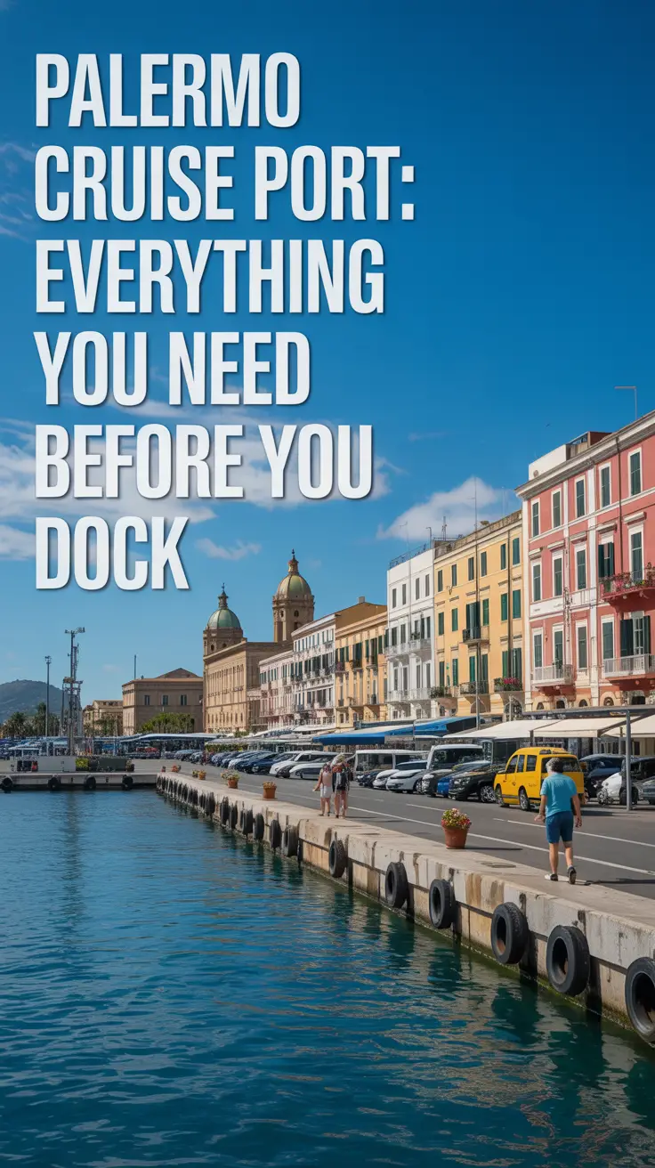 A photograph showcasing the bustling Palermo Cruise Port on a bright, sunny day with colorful waterfront buildings, people strolling along the docks, and sparkling water under a clear azure sky; a large text overlay on the left reads "Palermo Cruise Port: Everything You Need Before You Dock".