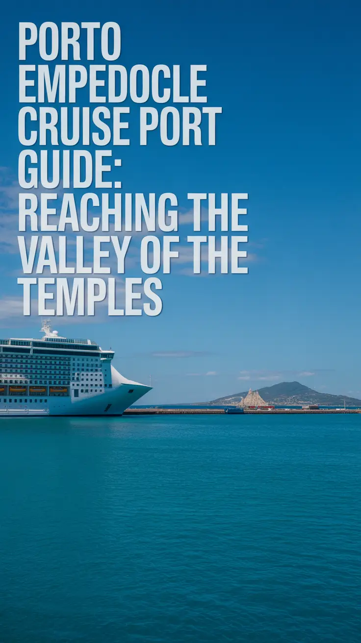 A stunning photograph depicting the Porto Empedocle Cruise Port on a bright, sunny day. A modern passenger terminal building stands prominently on the left, displaying large, left-aligned text overlay: "Porto Empedocle Cruise Port Guide: Reaching the Valley of the Temples". The turquoise Mediterranean Sea stretches out to the horizon, with a clear blue sky and a few scattered clouds above, subtly hinting at the iconic Valley of the Temples in the distance. The scene conveys a sense of travel and exploration with a clean, uncluttered aesthetic and direct sunlight illuminating the port.
