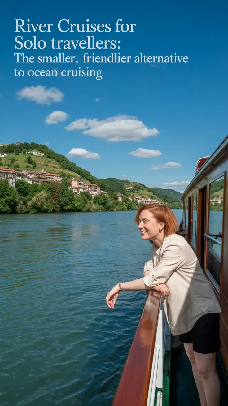A photograph of a solitary traveler enjoying a leisurely river cruise on a calm, turquoise river. The woman, with short auburn hair, smiles serenely as she leans on the railing of a small wooden riverboat. Lush green hills with colorful villages line the riverbanks under a bright sun and a vibrant blue sky with a few drifting white clouds.