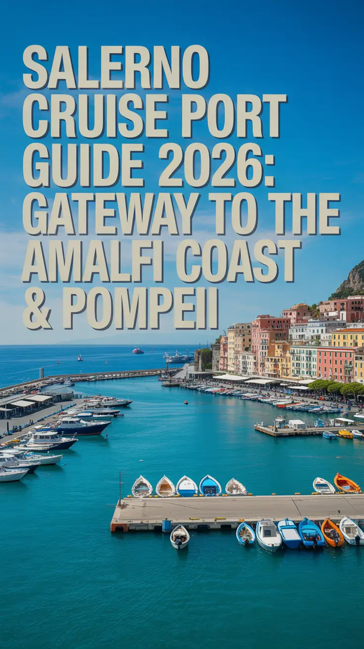 A stunning, sun-drenched photograph of the Salerno Cruise Port, capturing a bustling scene with vibrant turquoise waters and a backdrop of colorful buildings along the coastline. The port is filled with activity, showcasing a variety of boats and a lively atmosphere under a clear, bright sky, with no ships present. Prominently overlaid on the image is the text “Salerno Cruise Port Guide 2026: Gateway to the Amalfi Coast & Pompeii” in a bold, legible font aligned to the left. The composition focuses on the port's connection to the surrounding landscape, highlighting the area's allure as a gateway to the Amalfi Coast and Pompeii.