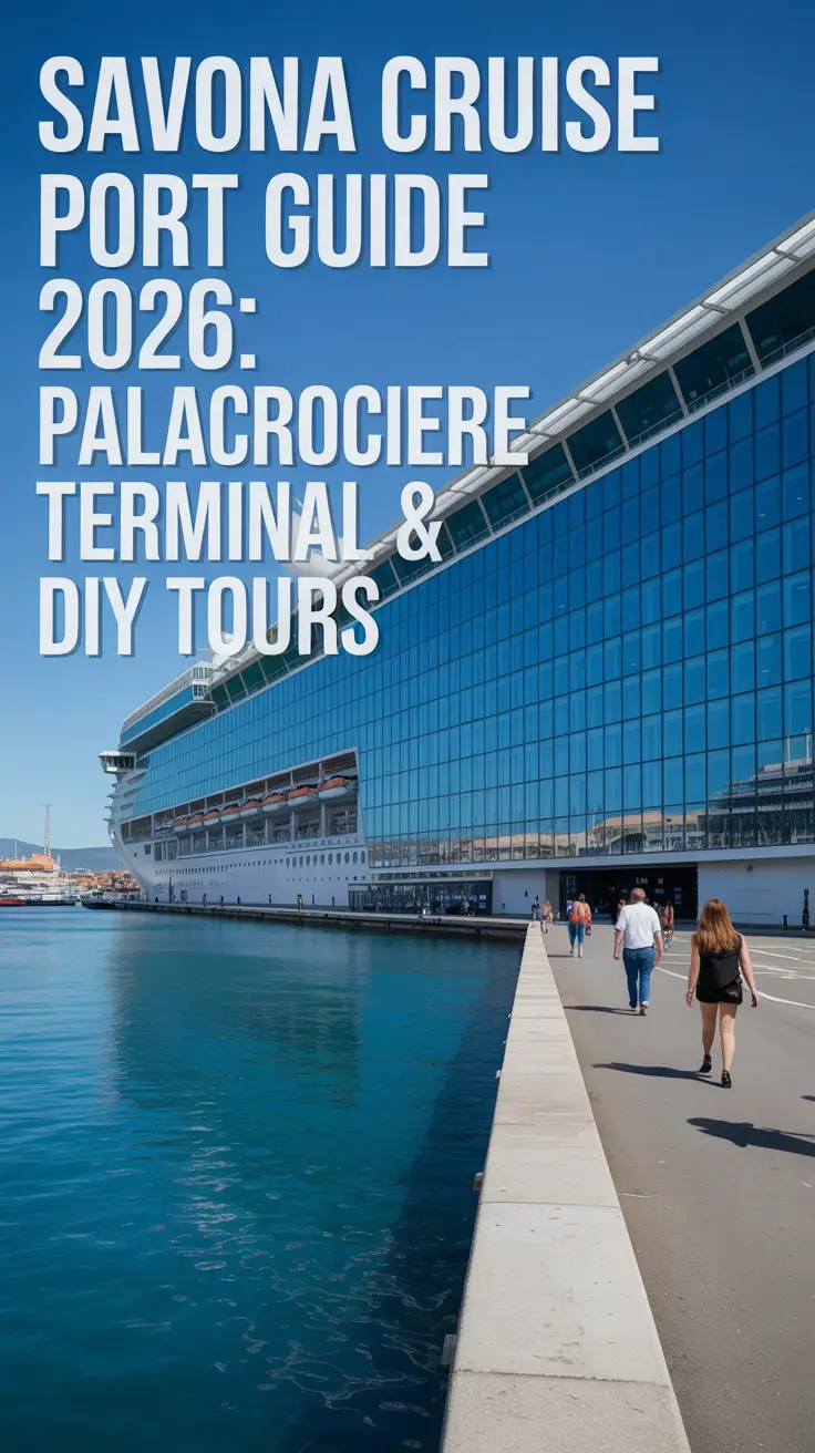 A stunning, sun-drenched photograph showcasing the Palacrociere terminal at Savona Cruise Port, featuring a modern glass facade reflecting the bright blue sky and turquoise harbor waters, with a few pedestrians strolling along the waterfront promenade and large left-aligned text reading “Savona Cruise Port Guide 2026: Palacrociere Terminal & DIY Tours.”