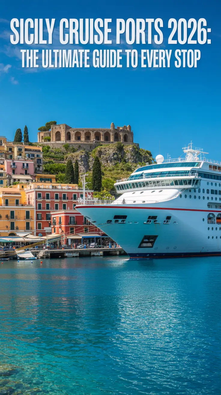 A photograph depicting the vibrant harbor of Taormina, Sicily, a picturesque cruise port destination. A modern cruise ship with a white hull and red accents is docked at the pier, framed by colorful buildings clinging to a hillside. The clear turquoise water reflects the bright sunlight, and the backdrop showcases the ancient Greek theatre perched atop the hill. A sunny day with a clear blue sky illuminates the scene, creating a lively and inviting atmosphere. Overlay text reads "Sicily Cruise Ports 2026: The Ultimate Guide to Every Stop".