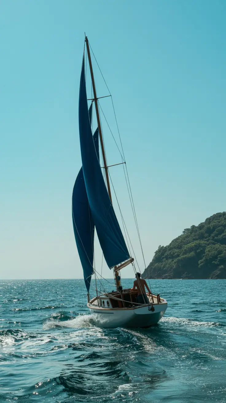 A photograph of a small, vintage sailboat gliding across a turquoise ocean under a clear, sunny sky. The sailboat has a white hull and dark blue sails billowing in the wind. A single figure is visible at the helm, looking out towards the horizon. Surrounding the boat are scattered whitecaps and a distant, lush green island rising from the water. The sunlight creates sparkling reflections on the waves and the hull of the boat, highlighting the scene's tranquility and the feeling of freedom.