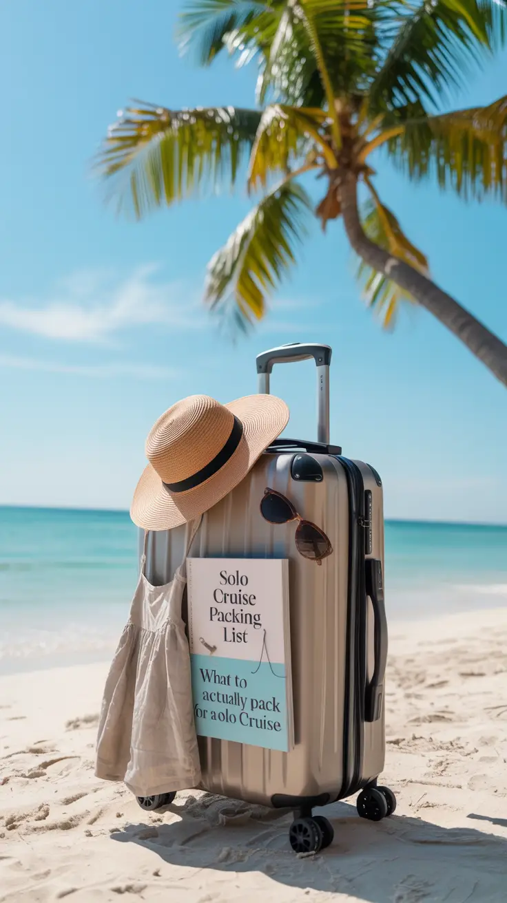 A photograph of a neatly packed suitcase sitting on a white sandy beach under a bright sunny sky. The suitcase is partially open, revealing essential travel items like a wide-brimmed hat, sunglasses, a lightweight linen dress, and a paperback book titled "Solo Cruise Packing List: What to Actually Pack for a Solo Cruise." The turquoise ocean gently laps at the shore in the background, and a single palm tree leans gracefully towards the suitcase, casting a soft shadow. The scene is bathed in warm, natural sunlight, creating a sense of peaceful anticipation.