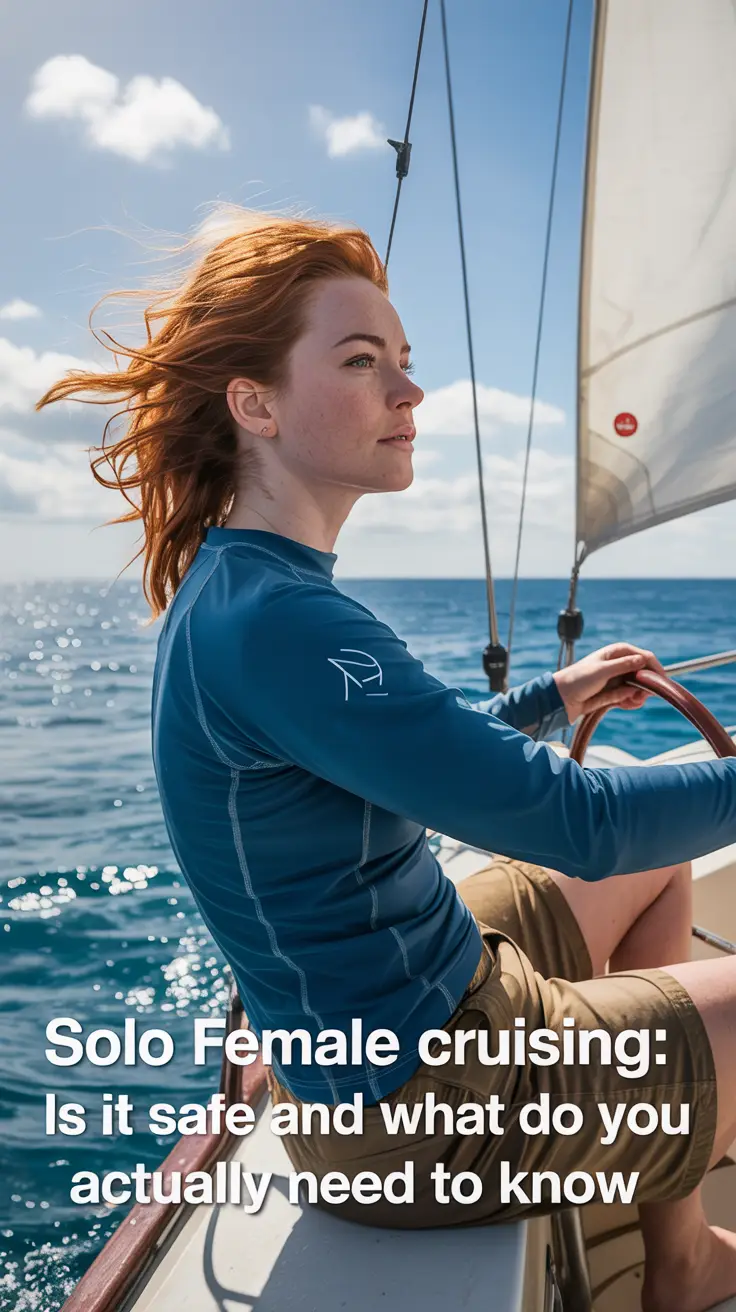 A photograph of a young woman with windswept auburn hair confidently steering a small sailboat on a turquoise ocean. She is wearing a practical, sun-faded blue rash guard and khaki shorts, her gaze fixed on the distant horizon. The sun glints off the water, creating sparkling reflections, with a few fluffy white clouds dotting the clear sky. The sailboat's white sail is full, propelling her forward as she navigates the waves, accompanied by overlay text: "Solo Female Cruising: Is It Safe and What Do You Actually Need to Know".