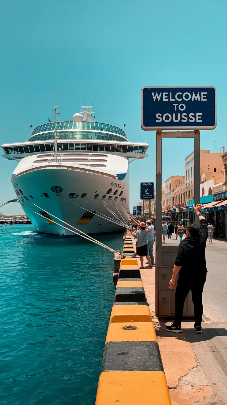 A photograph of a bustling Sousse Cruise Ship Port Guide, showing a modern cruise ship docked at a vibrant pier. The large ship's white hull contrasts with the turquoise water and the warm tones of the surrounding buildings. Several people are visible on the pier, some waving and others observing the ship, while a sign in the background reads "Welcome to Sousse" in Arabic and English. The scene is bathed in bright sunlight, emphasizing the clarity of the sky and the lively atmosphere of the port.