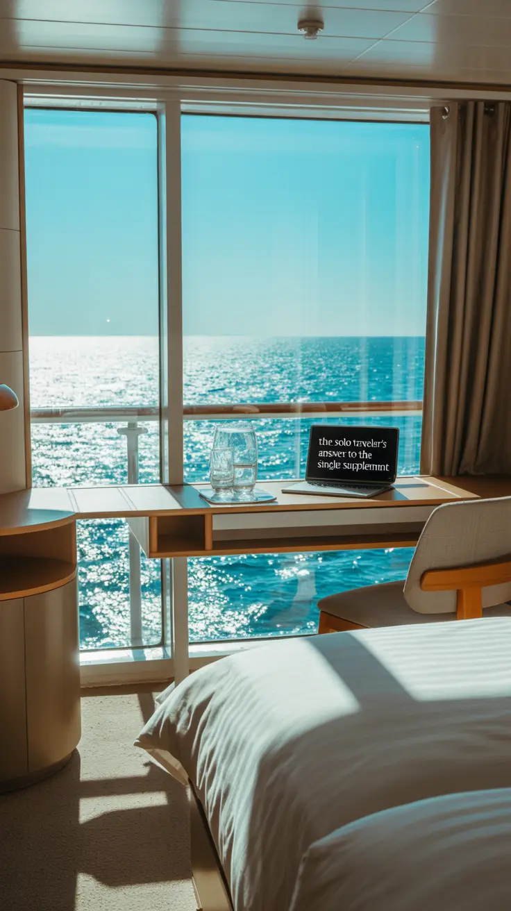 A photograph showcases a modern, minimalist studio cabin aboard a cruise ship, bathed in bright sunlight streaming through a large panoramic window. The cabin features sleek Scandinavian-style furniture, a comfortable bed with crisp white linens, and a small workspace with a laptop open displaying "The Solo Traveller's Answer to the Single Supplement." Outside the window, a vast expanse of turquoise ocean sparkles under a clear blue sky, hinting at the journey ahead. The scene conveys a sense of peaceful solitude and refined travel.