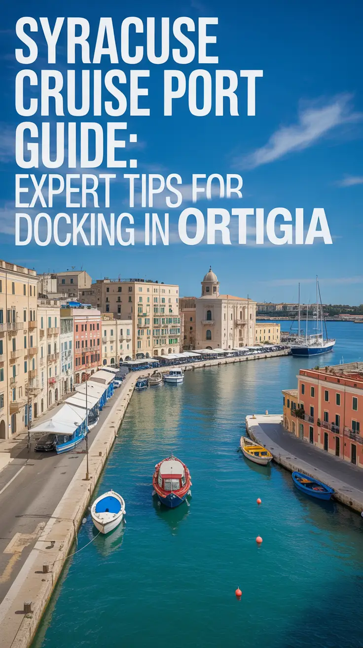A stunning, sun-drenched photograph showcasing the picturesque harbor of Ortigia, Syracuse, with colorful coastal buildings, clear turquoise water, and small boats near the docks, featuring a left-aligned text overlay: "Syracuse Cruise Port Guide: Expert Tips for Docking in Ortigia".