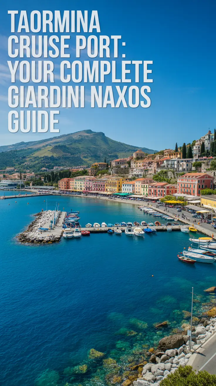 A stunning, wide-angle photograph of Taormina Cruise Port in Giardini Naxos, Italy, capturing the vibrant coastal scenery. The port's waterfront is bustling with activity, showcasing colorful buildings and boats against a backdrop of the turquoise Mediterranean Sea and rolling hills. "Taormina Cruise Port: Your Complete Giardini Naxos Guide" is displayed prominently as a left-aligned text overlay, while the bright, sunny day illuminates the scene with a warm, inviting glow. The composition emphasizes the panoramic view, highlighting the natural beauty of the region and creating a sense of wanderlust.