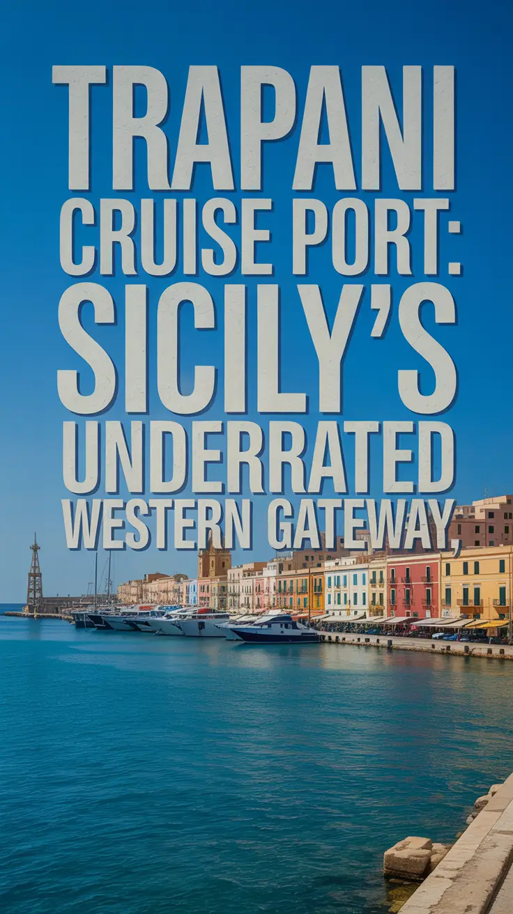 A stunning, sunlit photograph capturing the Trapani Cruise Port in Sicily. The scene centers on the vibrant harbor filled with colorful buildings and boats along the coastline. A large, left-aligned text overlay prominently reads "Trapani Cruise Port: Sicily's Underrated Western Gateway," appearing as if painted on a weathered wall. The clear blue sky and calm turquoise waters enhance the sense of a sunny Mediterranean day.