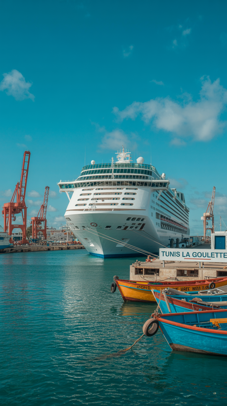 A photograph of the bustling Tunis La Goulette Cruise Ship Port under bright, clear sunlight. A large, modern cruise ship is prominently displayed, with its white hull standing out against the turquoise Mediterranean waters. The port is lively, featuring colorful fishing boats and various port cranes under a clear blue sky with a few fluffy white clouds. The scene exudes a sense of activity and a warm welcome for arriving passengers, with "Tunis La Goulette" visible on a nearby information kiosk.