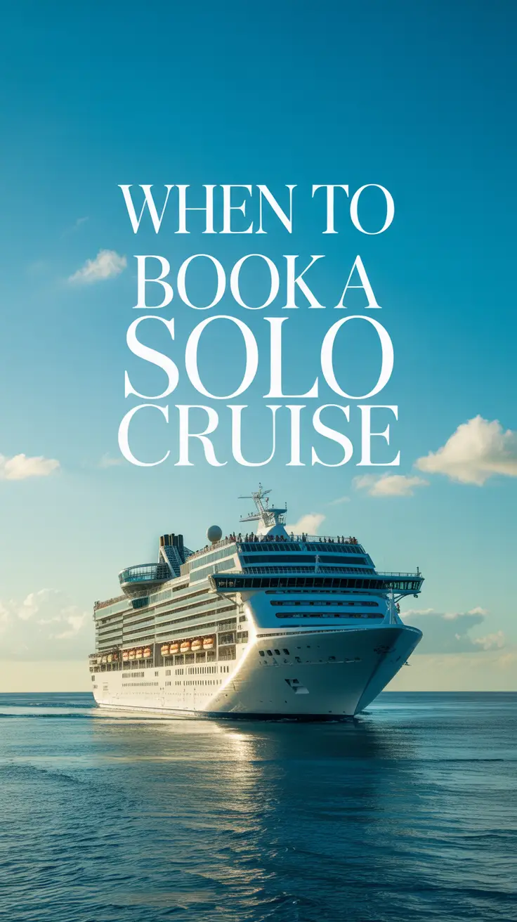 A photograph of a lone cruise ship sailing on a calm turquoise ocean under a bright, sunny sky. The ship’s white hull gleams in the sunlight, with several rows of balconies visible along its sides, and passengers enjoying the view on the top deck. A clear blue sky with a few fluffy white clouds fills the background, evoking a sense of boundless freedom and adventure. The text "When to Book a Solo Cruise" is elegantly overlaid on the sky.