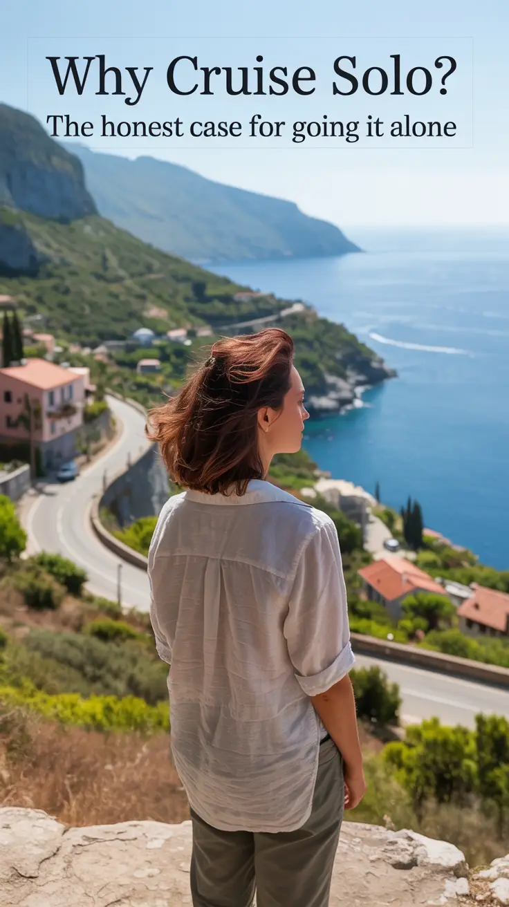 A photograph of a woman traveler with windswept brown hair, standing on a scenic overlook and gazing at a stunning vista. She wears a linen shirt and hiking pants, embodying peaceful contemplation. Below, a winding coastal road leads into the distance, bordered by Mediterranean-style houses and lush greenery under the bright sun. The image includes overlay text: "Why Cruise Solo? The Honest Case for Going It Alone" in a clean, modern font.