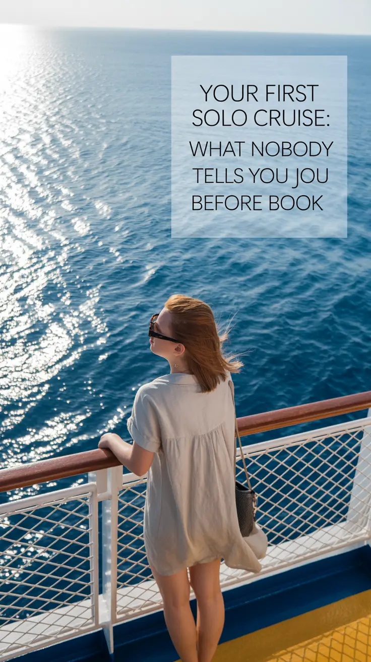 A woman stands alone on the deck of a cruise ship, gazing out at the turquoise ocean. She is wearing a casual white linen dress and sunglasses, with her hair gently blowing in the sea breeze. The ship's railing curves around her, and the bright sun reflects off the water, creating a sparkling effect. The scene is captioned with the text "Your First Solo Cruise: What Nobody Tells You Before You Book" in a clean, modern font.
