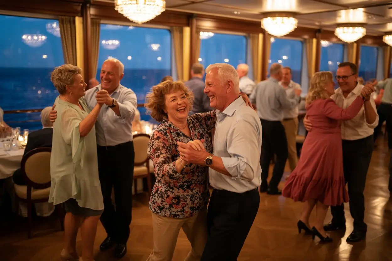 Ballroom dancing on a singles cruise in the Queens Room, Cunard cruise ship