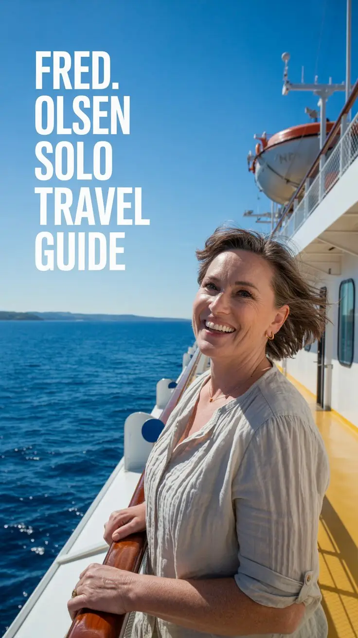 Solo female traveller smiling on the deck of a Fred. Olsen cruise ship