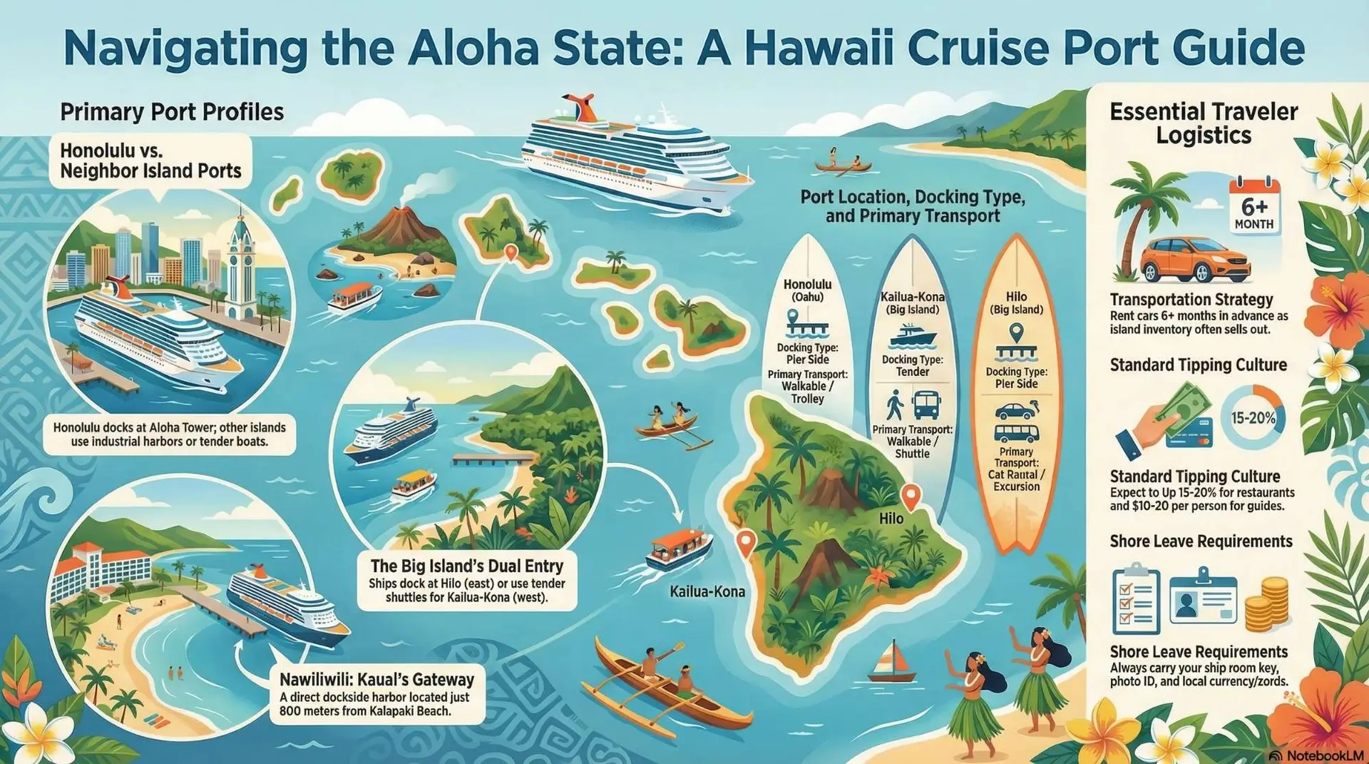 Hawaii cruise ports map showing Honolulu, Hilo, Kailua-Kona, Kahului, and Nawiliwili with docking types, transport options, and essential traveler logistics including tipping culture and shore leave requirements